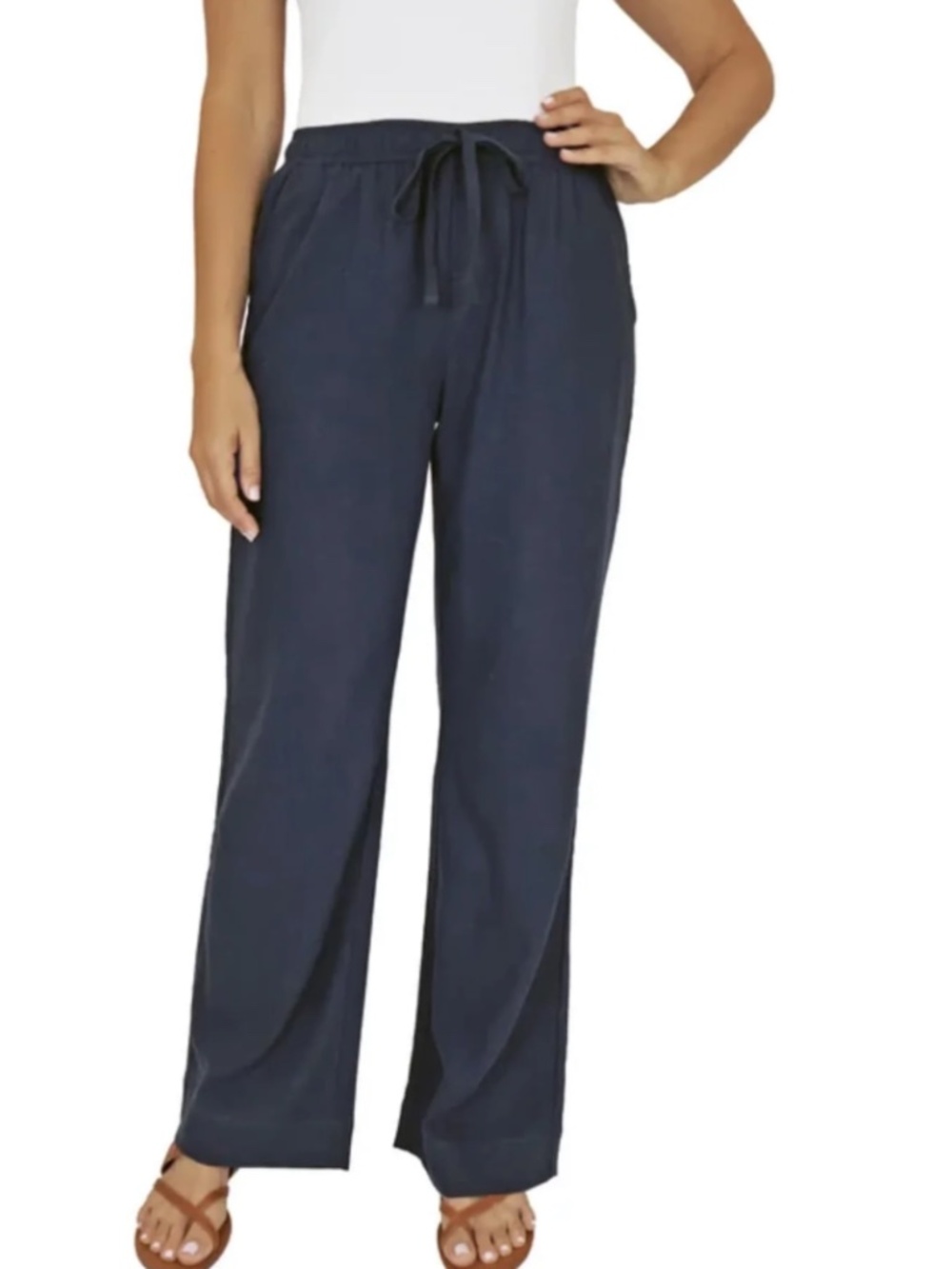 Briggs Womens Pull On Navy Linen Blend Wide Leg Pant Medium - Picture 1 of 11